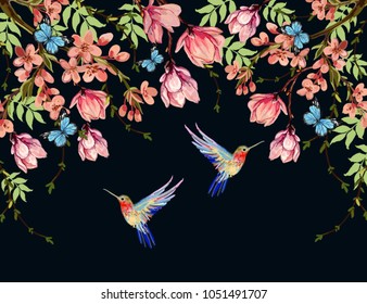 Hermoso fondo vectorial de verano floral con flores tropicales japonesas, glicinia, magnolia, mariposas, magnolia. Perfecto para fondos de escritorio, fondos de página web, texturas superficiales, textiles.