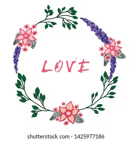 Beautiful vector floral wreath with green branches, pink flowers and purple sage on a white background with the inscription grunge "LOVE"