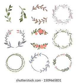Beautiful vector floral wreaths. Graphic wreaths collection with botanical illustrations with plants and flowers elements