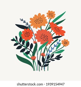 Beautiful vector flower arrangement. Colorful delicate bunch of vector flowers and leaves.  Bouquet.