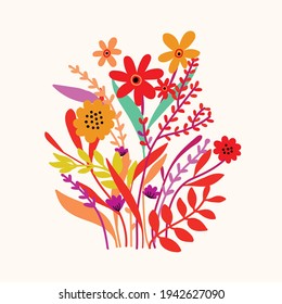 Beautiful vector flower arrangement. Colorful delicate bunch of vector flowers and leaves. Spring Bouquet.