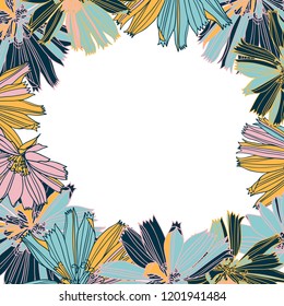 Beautiful vector with flower frame. Botanical image with chicory flowers. Design can be used for textiles, wallpaper, clothing, wrapping paper.