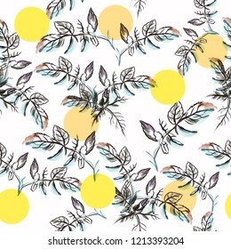 Beautiful vector flower pattern with watercolor with leaves and circles