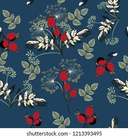 Beautiful vector flower pattern with watercolor berries