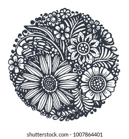 Beautiful vector flowers and plants in the circle. Hand drawn vector illustration in sketch doodle style