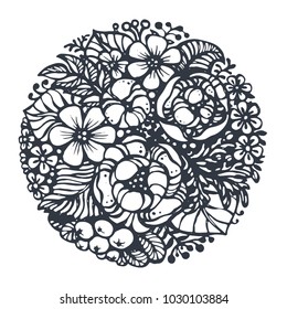 Beautiful vector flowers and plants in the circle. Hand drawn vector illustration in sketch doodle style