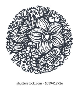 Beautiful vector flowers and plants in the circle. Hand drawn vector illustration in sketch doodle style.