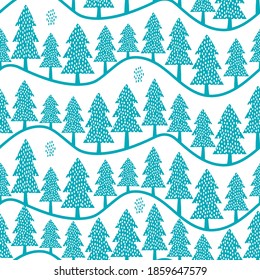 Beautiful vector folk art forest landscape seamless vector pattern background. Blue white backdrop with fir trees in rows on wavy hills. Hand drawn winter illustration. Geometric repeat for holidays