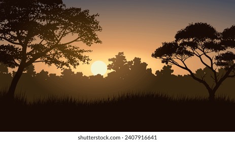 Beautiful vector forest sunrise landscape with trees in silhouette
