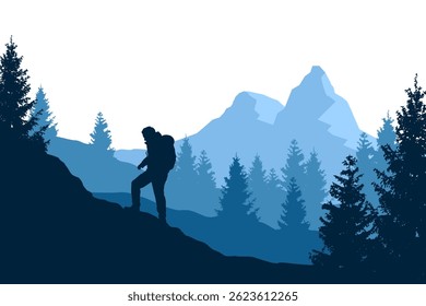 Beautiful vector forested landscape with a hiker climbing a mountain in blue colors.