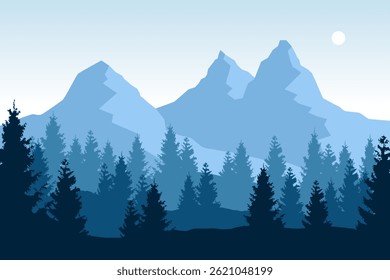 Schöne Vektorwaldlandschaft mit symbolträchtigen Bergen in blauen Farben.