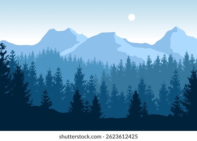Beautiful vector forested landscape with iconic mountains in blue colors.