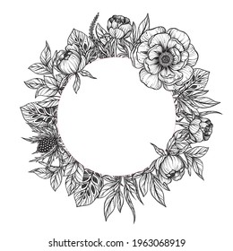Beautiful vector frame with black and white feverweed, peony flowers and leaves. Amasing hand drawn illustration for polygraphic design, greeting card