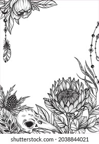 Beautiful vector frame with black and white bird skull, feverweed, protea flowers and leaves. Amasing hand drawn illustration for polygraphic design, greeting card.