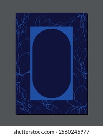 Beautiful vector frame  with blue leaves on a navy blue background. Artistic template for decoration,  postcard, covers and poster. 