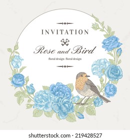 Beautiful vector frame with blue roses and birds in vintage style. 