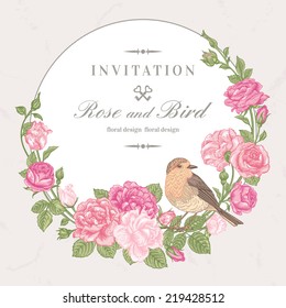 Beautiful vector frame with pink roses and birds in vintage style. 