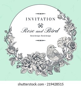 Beautiful vector frame with roses and birds in vintage style. 