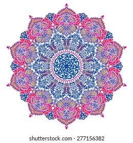 Beautiful Vector Geometric Ornament for Business, Round Arabic Magenta Blue Ornamental Floral Pattern