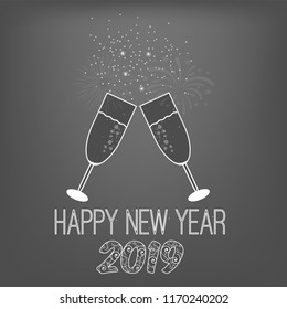 beautiful vector gift card with Christmas glasses with a drink of wine champagne with bubbles with salute and snow with  ornament on a  with text and letters and numbers for a holiday on New Year 