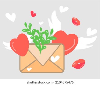 Beautiful vector gift greeting card tenplate letter for valentine's Day love romantic feeling heart shape lips kiss mail