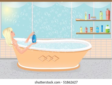 beautiful vector girl with bubbles in the bathroom
