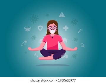 Beautiful vector girl in a mask sits in the lotus position and meditates around the virus and protects herself. Coronavirus. Covid-19. Can be used on websites and web bans. Pandemic. A dangerous virus