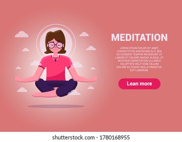 Beautiful vector girl sitting in lotus position and meditating around the clouds in Calm and balance. Can be used on websites, webbans and smartphones. Reflections on the future. Vector illustration.