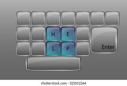 Beautiful vector glossy glass  keyboard with keys isolated over background and with sign HELP