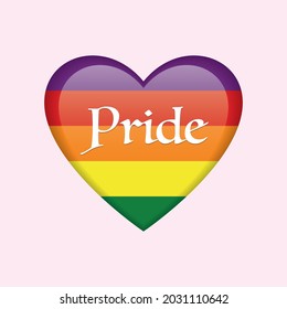 Beautiful vector of glossy rainbow heart with word Pride, lgbt community sign, isolated on light pink background.
