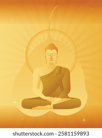 A beautiful vector of golden buddha sitting peaceful in golden Bodhi leaf for every buddhist holiday day as visakha bucha, visak, asarnha bucha, asarlha bucha and buddhist lent day, retro style.