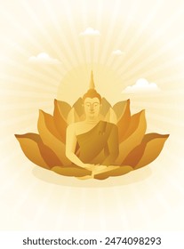 A beautiful vector of golden buddha statue sitting peaceful in golden lotus for every buddhist holiday day as visakha bucha, visak, asarnha bucha, asarlha bucha and buddhist lent day, retro style.