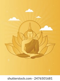 Eine wunderschöne Vektorgrafik goldener Buddha-Statue, die friedlich in goldenem Lotus sitzt, für jeden buddhistischen Urlaubstag wie Visakha Bucha, Visak, Asarnha Bucha, Asarlha Bucha und buddhistischer Fastentag im Retro-Stil.