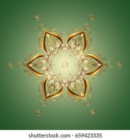 Beautiful vector golden snowflakes isolated on colorful background. Snowflakes, snowfall. Illustration. Falling Christmas stylized gold snowflakes.