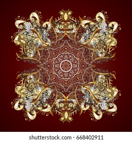 Beautiful vector golden snowflakes isolated on brown background. Snowflakes, snowfall. Illustration. Falling Christmas stylized gold snowflakes.
