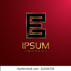 Beautiful vector graphic black alphabet with gold rim / letter E / symbol