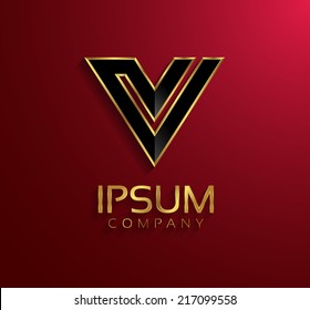 Beautiful vector graphic black alphabet with gold rim / letter V / symbol