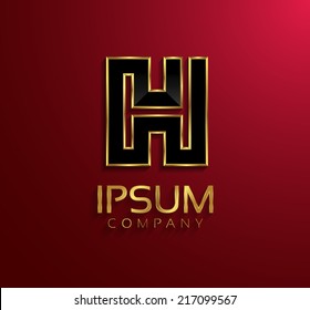 Beautiful vector graphic black alphabet with gold rim / letter H / symbol