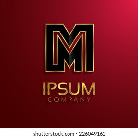 Beautiful vector graphic black alphabet with gold rim / letter M / symbol