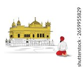 A beautiful vector graphic of Golden Temple, A sikh man worshiping in front of Darbar Sahib, Vector illustration of Amritsar Gurudwara