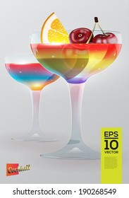 Beautiful vector graphic illustration of two colorful cocktail glasses with lemon and cherry grey background