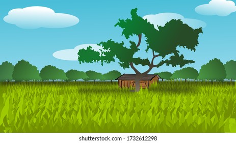 A beautiful vector graphic of the village with farmlands, trees, meadows, hurt, and clouds in the background. village landscape.