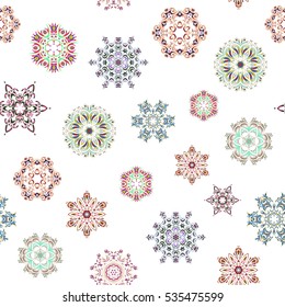 Beautiful vector green, beige and neutral snowflakes isolated on a white background. Snowflakes, snowfall. Falling Christmas stylized snowflakes. Illustration.