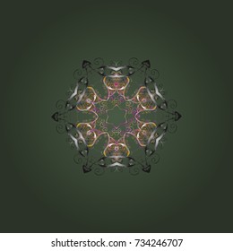 Beautiful vector green, gray and beige snowflakes isolated on a colorful background. Falling Christmas stylized snowflakes. Illustration. Snowflakes, snowfall.