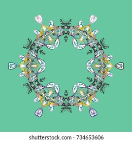 Beautiful vector green, gray and white snowflakes isolated on a colorful background. Falling Christmas stylized snowflakes. Illustration. Snowflakes, snowfall.