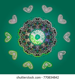 Beautiful vector green, gray and white snowflakes isolated on a colorful background. Snowflakes, snowfall. Falling Christmas stylized snowflakes. Illustration.