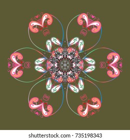 Beautiful vector green, pink and gray snowflakes isolated on a colorful background. Illustration. Snowflakes, snowfall. Falling Christmas stylized snowflakes.