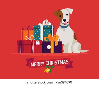 Beautiful vector ‘Merry Christmas’ greeting card, banner or poster template with cute terrier dog sitting next to stacked gift packages 