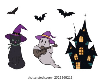 Beautiful vector Halloween clip art with ghost in purple witch hat playing guitar, black cat, and haunted house, church. Hand drawn vector sketch illustration in doodle engraved vintage line art.