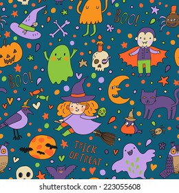 Beautiful vector Halloween seamless pattern. Cute holiday symbols in cartoon style - witch, vampire, pumpkin, birds, ghosts, moon, cat, skull and others